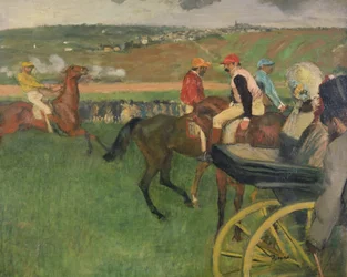 Die Rennbahn - Amateurjockeys in der Nähe einer Kutsche, ca. 1876-87